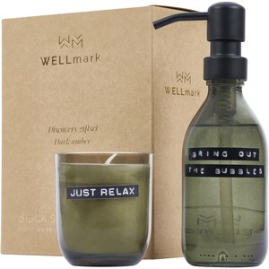 WELLmark 126311 - Wellmark Discovery 200 ml hand soap dispenser and 150 g scented candle set - dark amber fragrance